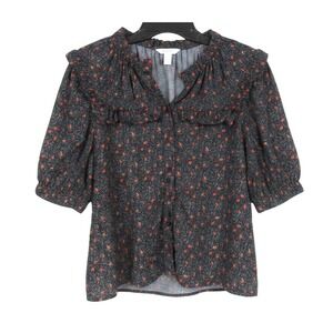 THE SHIRT Rochelle Behrens BLACK w/RED FLORAL POLKA-DOTS Ruffle PUFF SLEEVES M